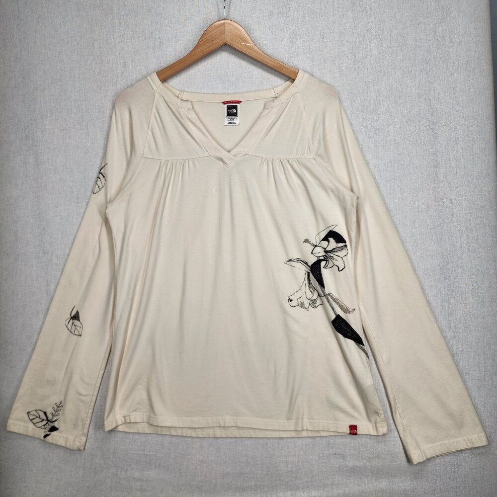 THE NORTH FACE Women's Long Sleeve Shirt Top XL Cream Black floral Ivory White
